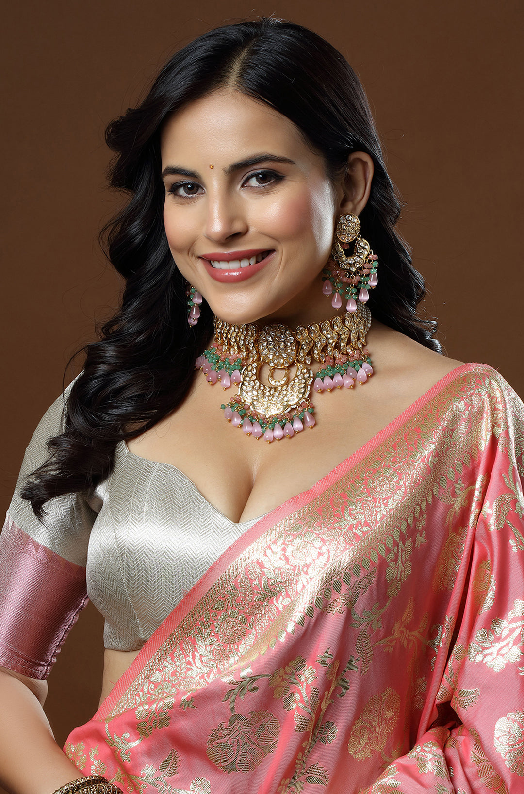 Pink & Green Polki with Gold Meenakari Kundan Necklace