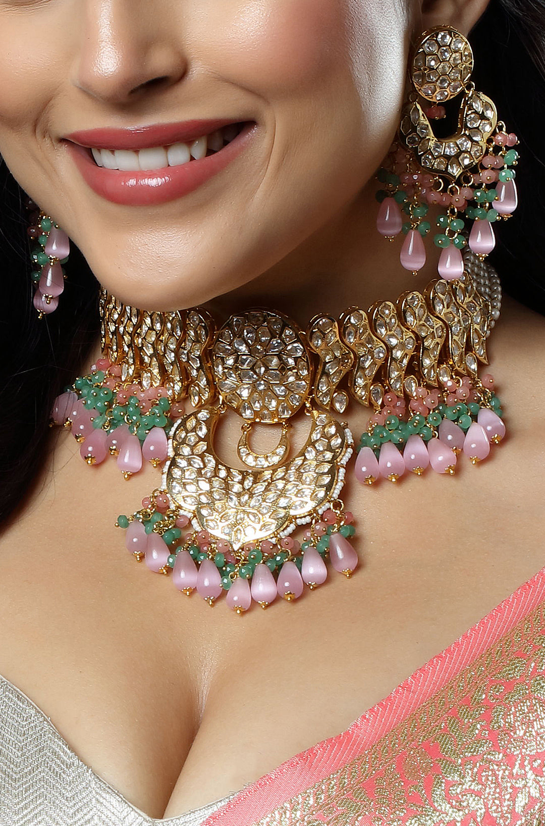 Pink & Green Polki with Gold Meenakari Kundan Necklace