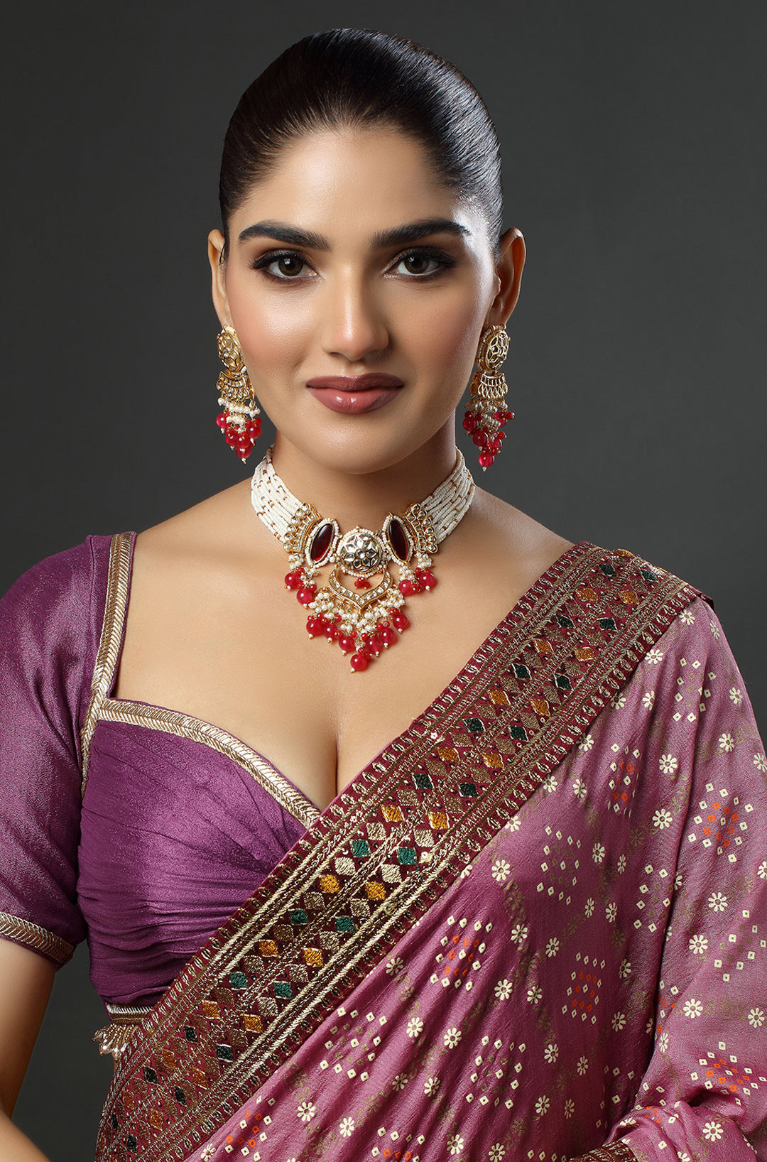 Ruby & Gold Plated Kundan Polki & Pearl Choker Necklace