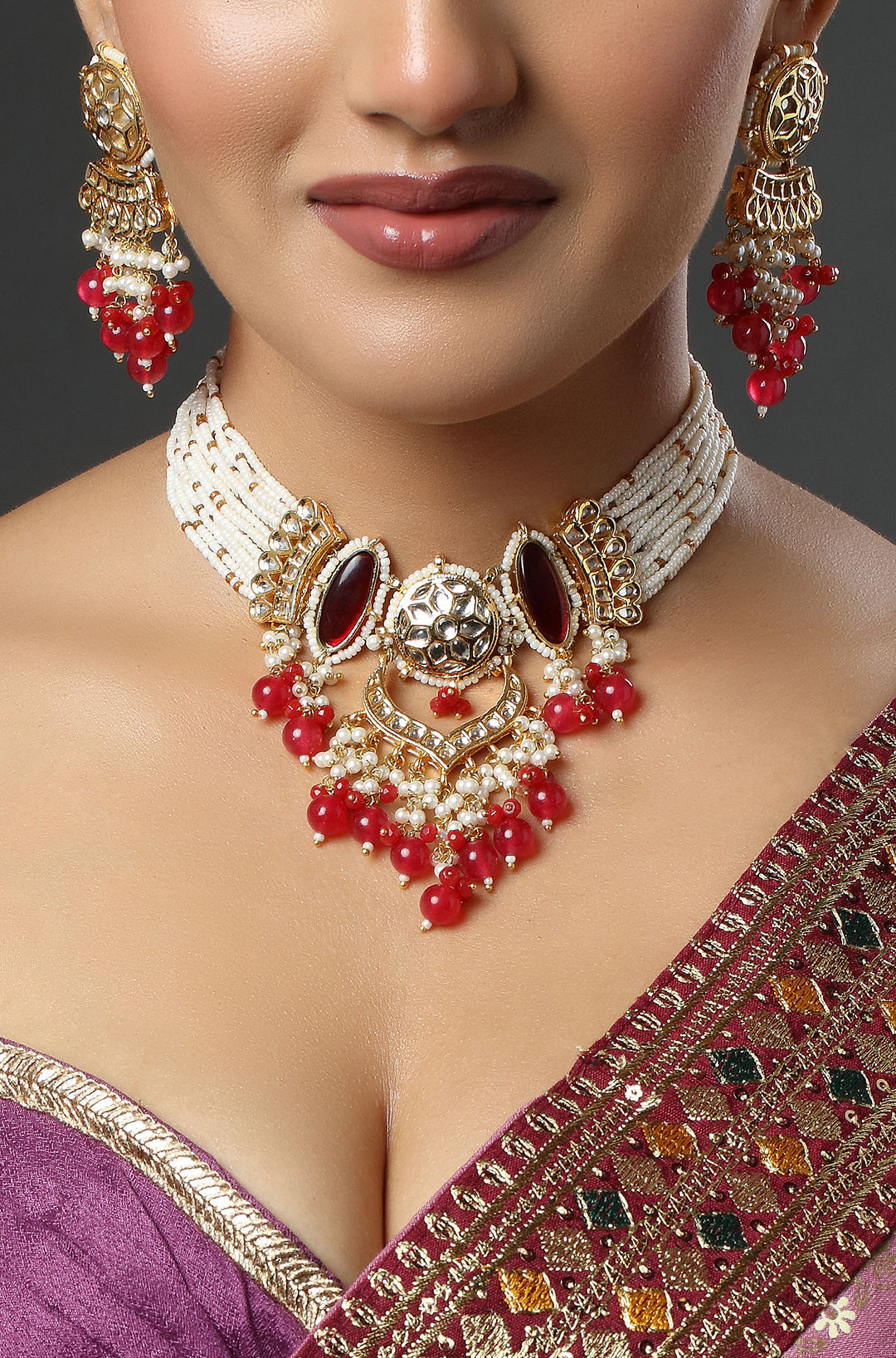 Ruby & Gold Plated Kundan Polki & Pearl Choker Necklace