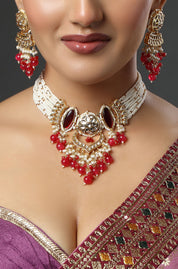 Ruby & Gold Plated Kundan Polki & Pearl Choker Necklace