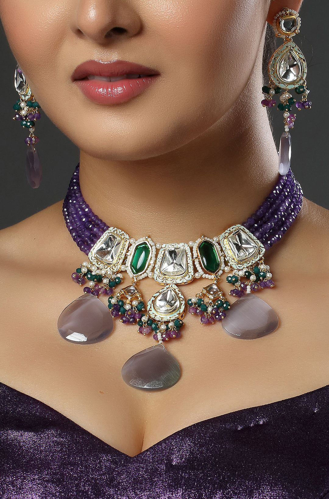 Purple Stone & Purple Beads Drop Kundan Bridal Choker Necklace