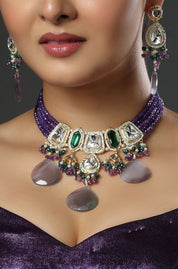 Purple Stone & Purple Beads Drop Kundan Bridal Choker Necklace