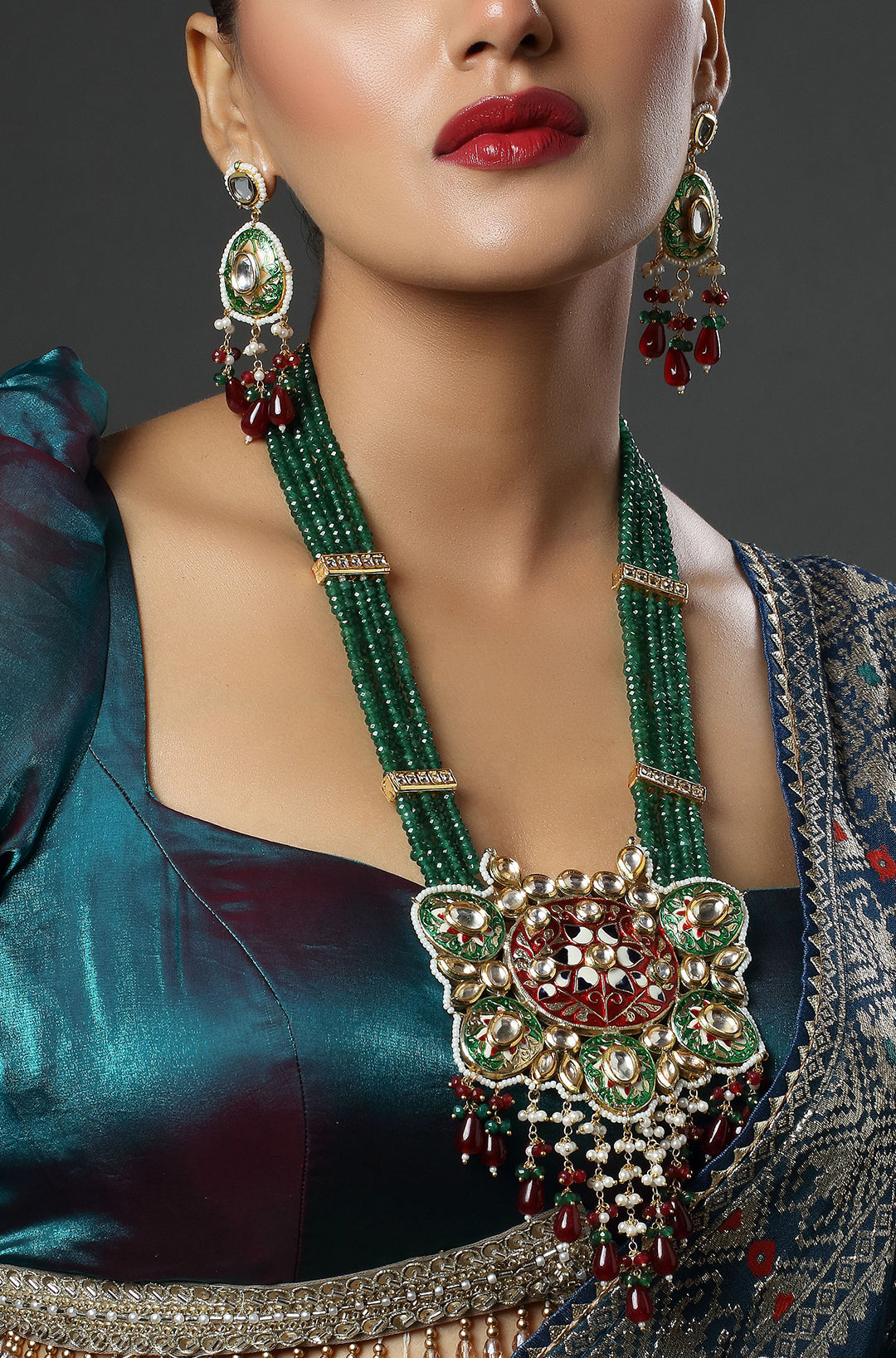 Rajasthani Long Meenakari Beautiful 5 Layers Green Crystal Necklace