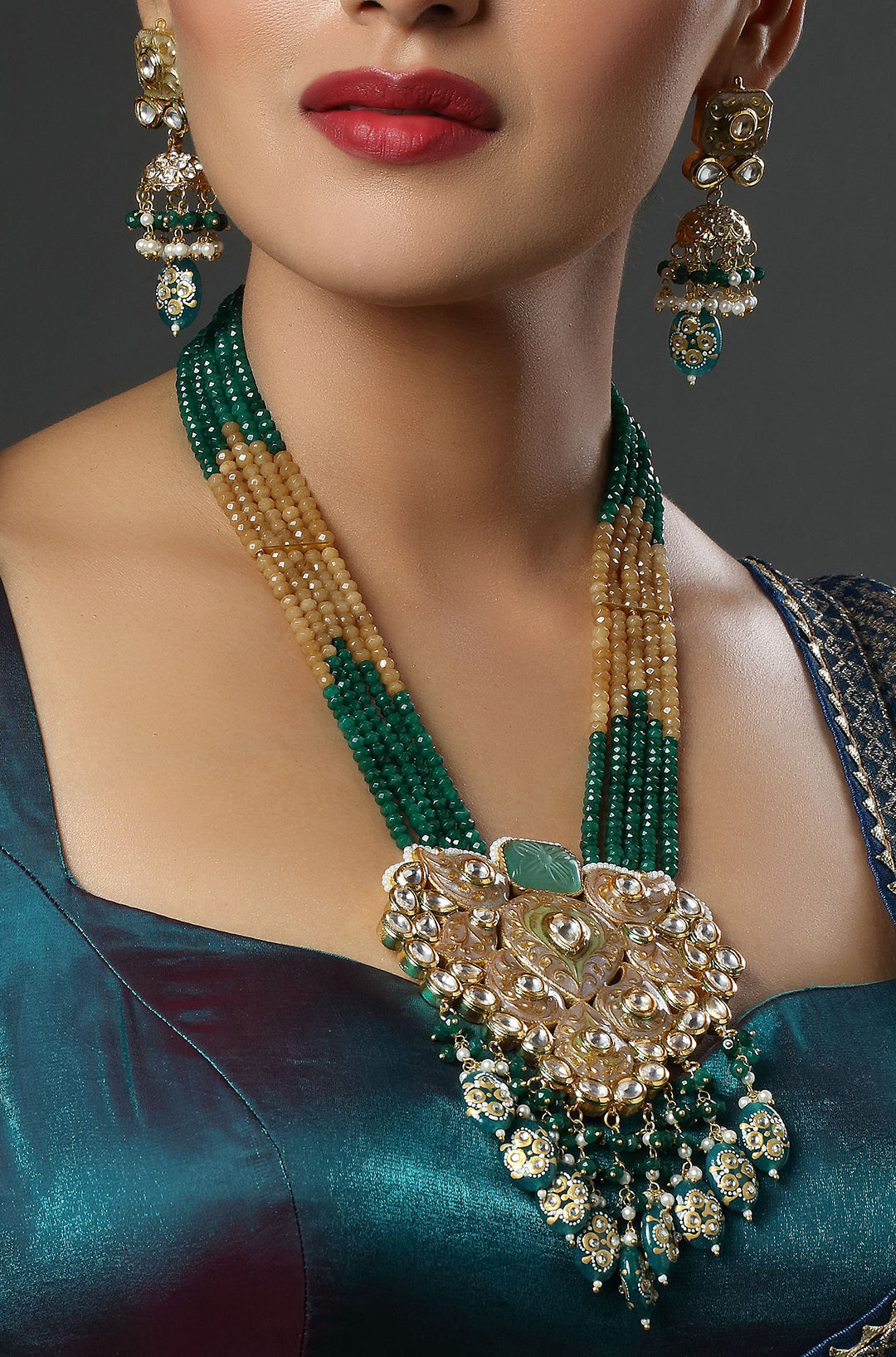 Golden Grove Green Beaded Meenakari Long Kundan Necklace