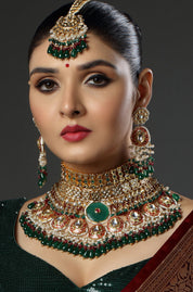 Jodhpuri Maroon & Green Color Kundan Moissanite Bridal Choker Necklace