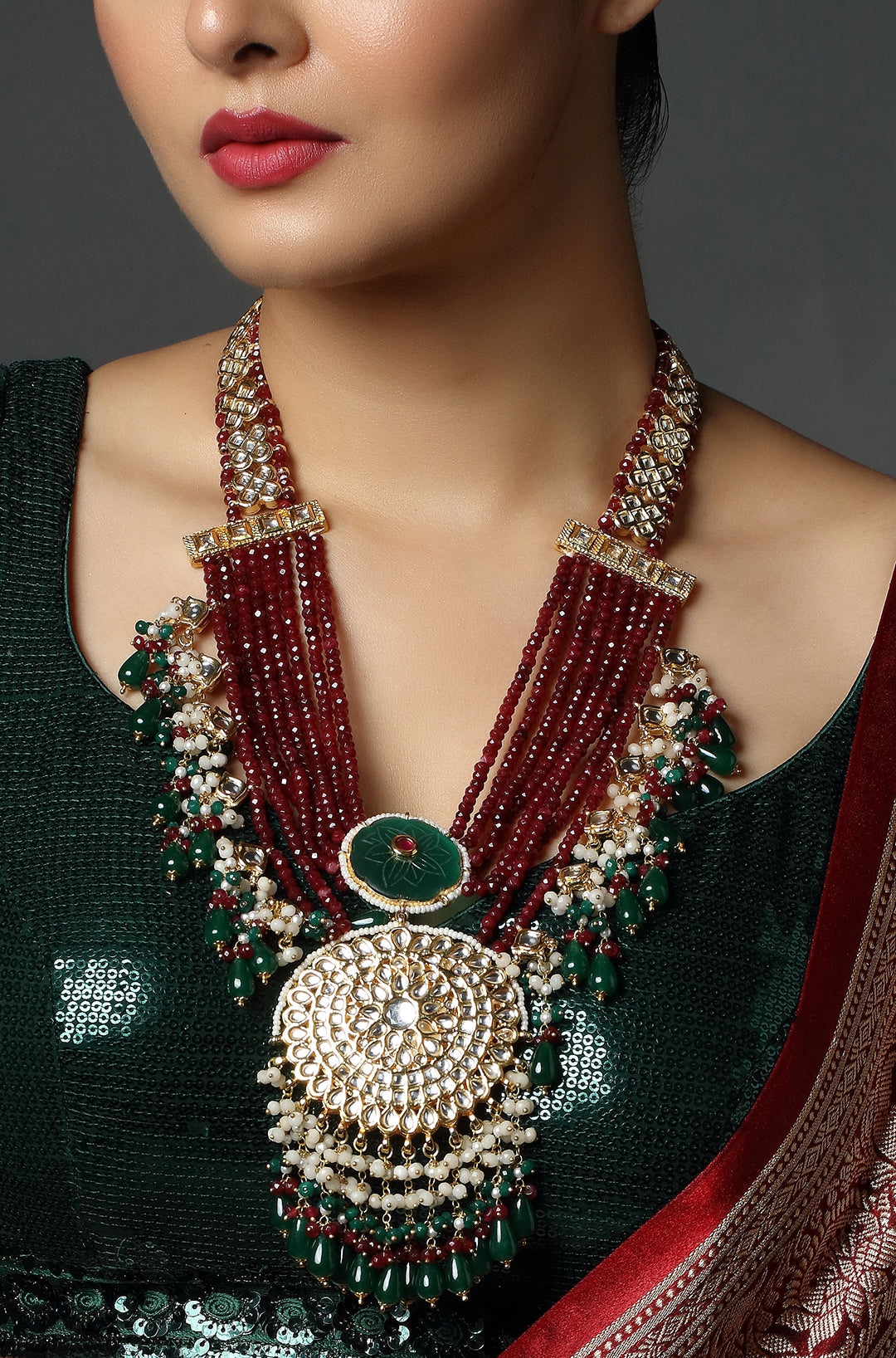 Maroon & Green Kundan Jadau Pendant Chain Multilayer Mala