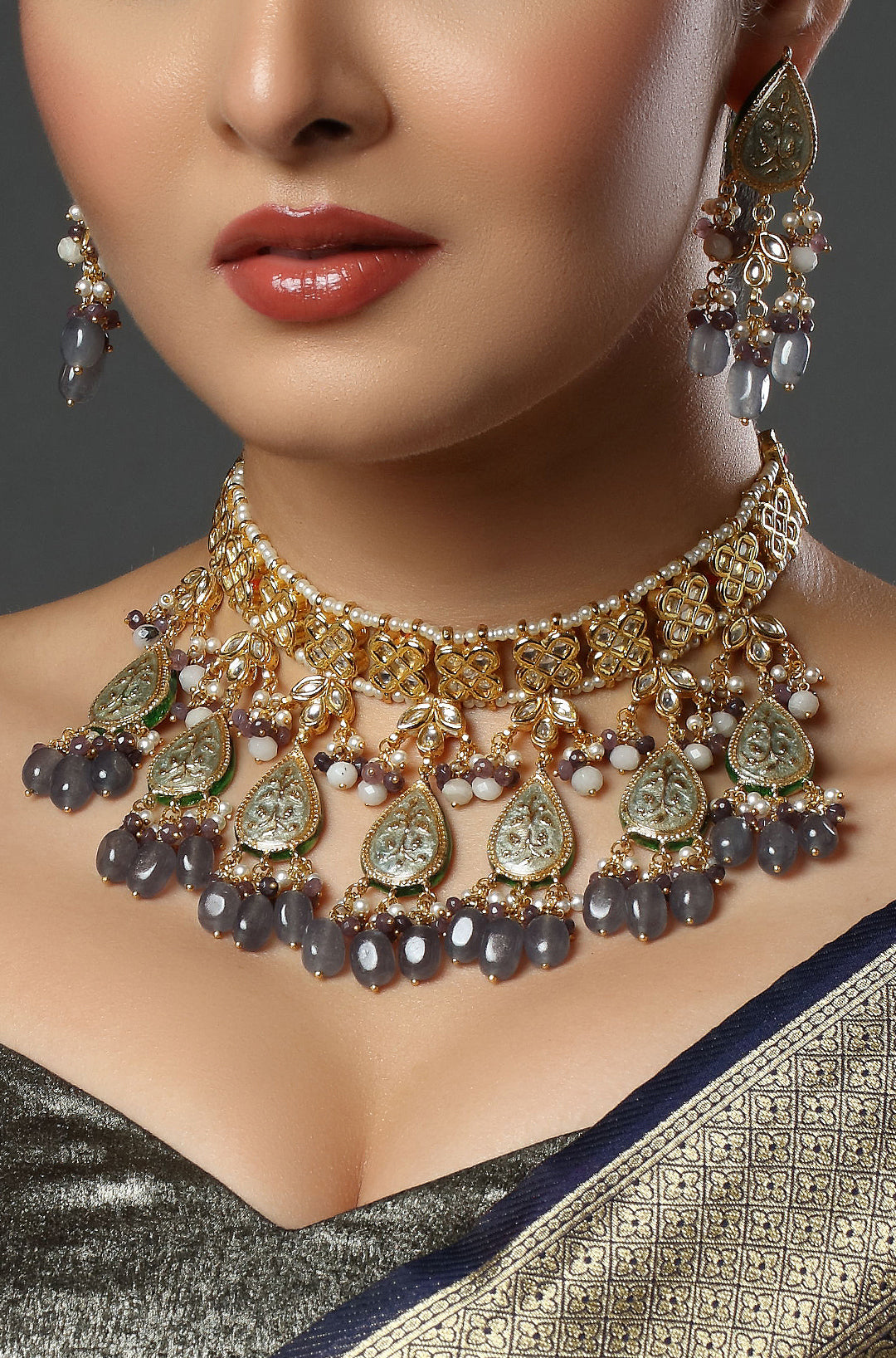 Kundan Drop Style Pearl Gold Toned Handcrafted Brass Necklace