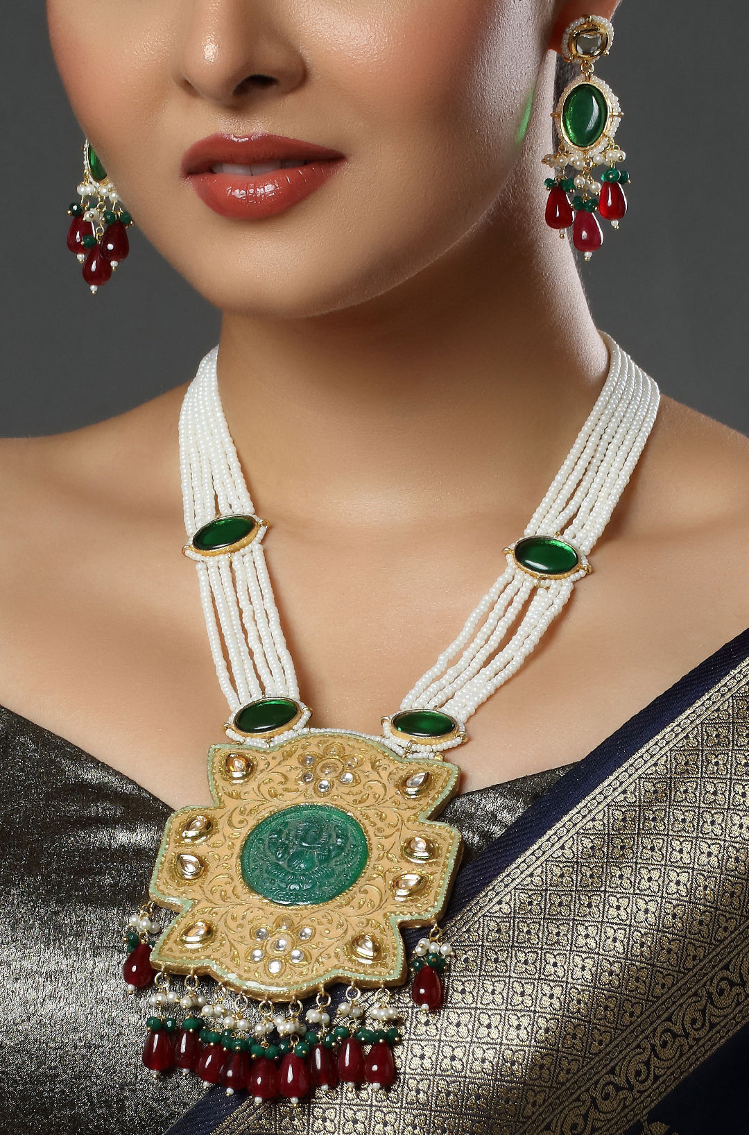 Pearls Green Meenakari Multistrand Beaded Kundan Necklace