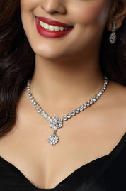 Elegance Floral Rhodium Plated Zirconia Studded Necklace
