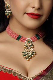 Charming Pink Beaded Choker with Kundan Pendant
