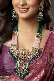 Woman wearing a traditional saree with jewelry, including a necklace and earrings.