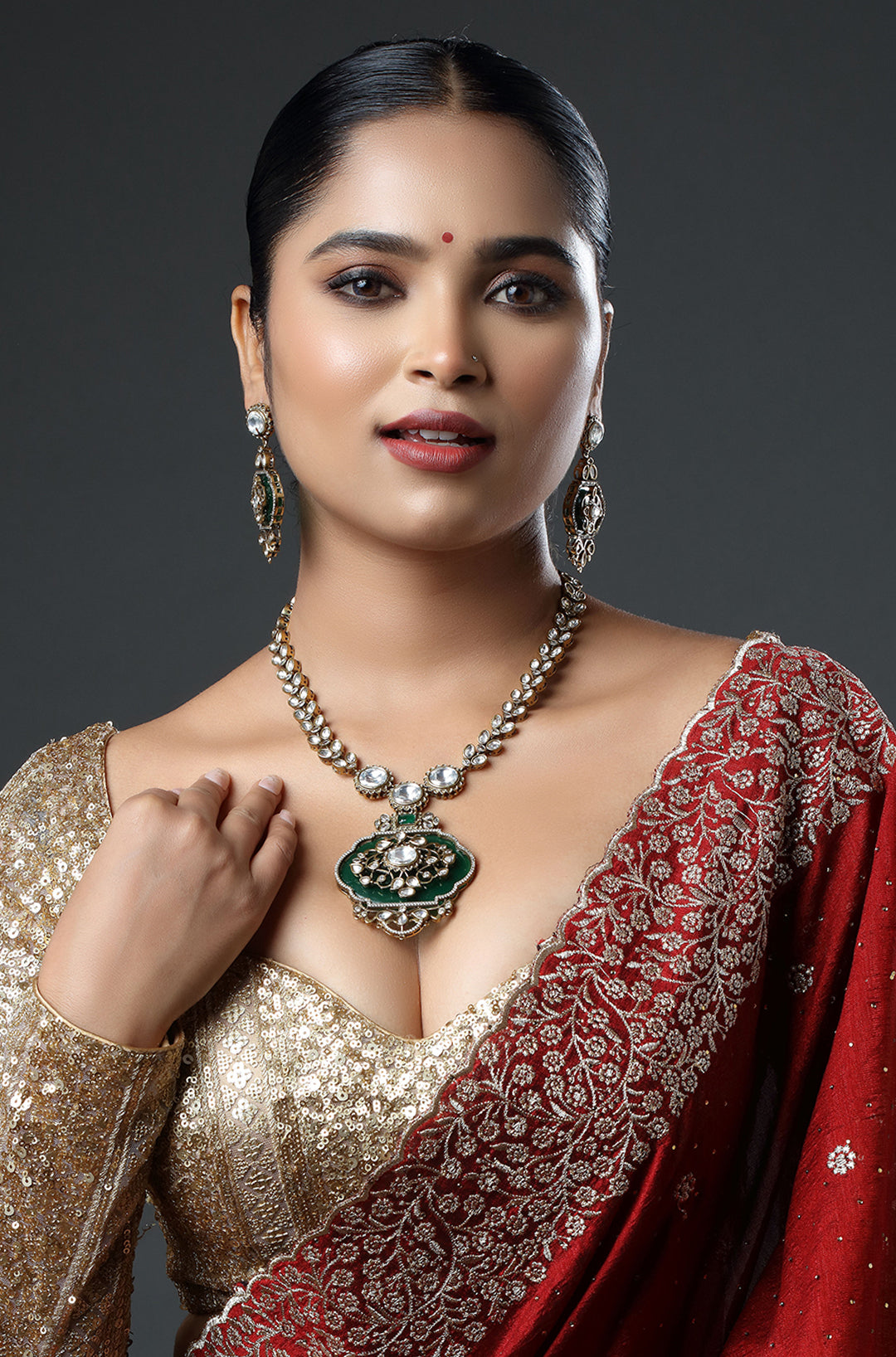 Micro Gold Finish Kundan with Emerald Green Stone Necklace