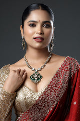 Micro Gold Finish Kundan with Emerald Green Stone Necklace