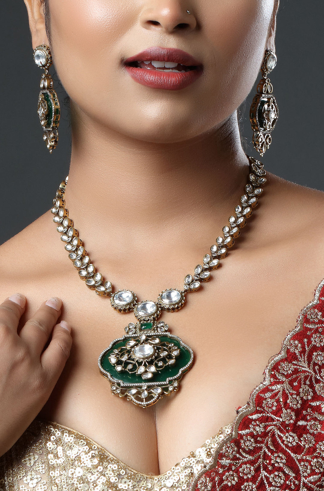 Micro Gold Finish Kundan with Emerald Green Stone Necklace