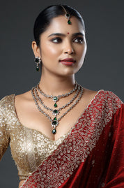 Two-Tone Finish Zircon & Emerald Long Necklace with Maang Tika