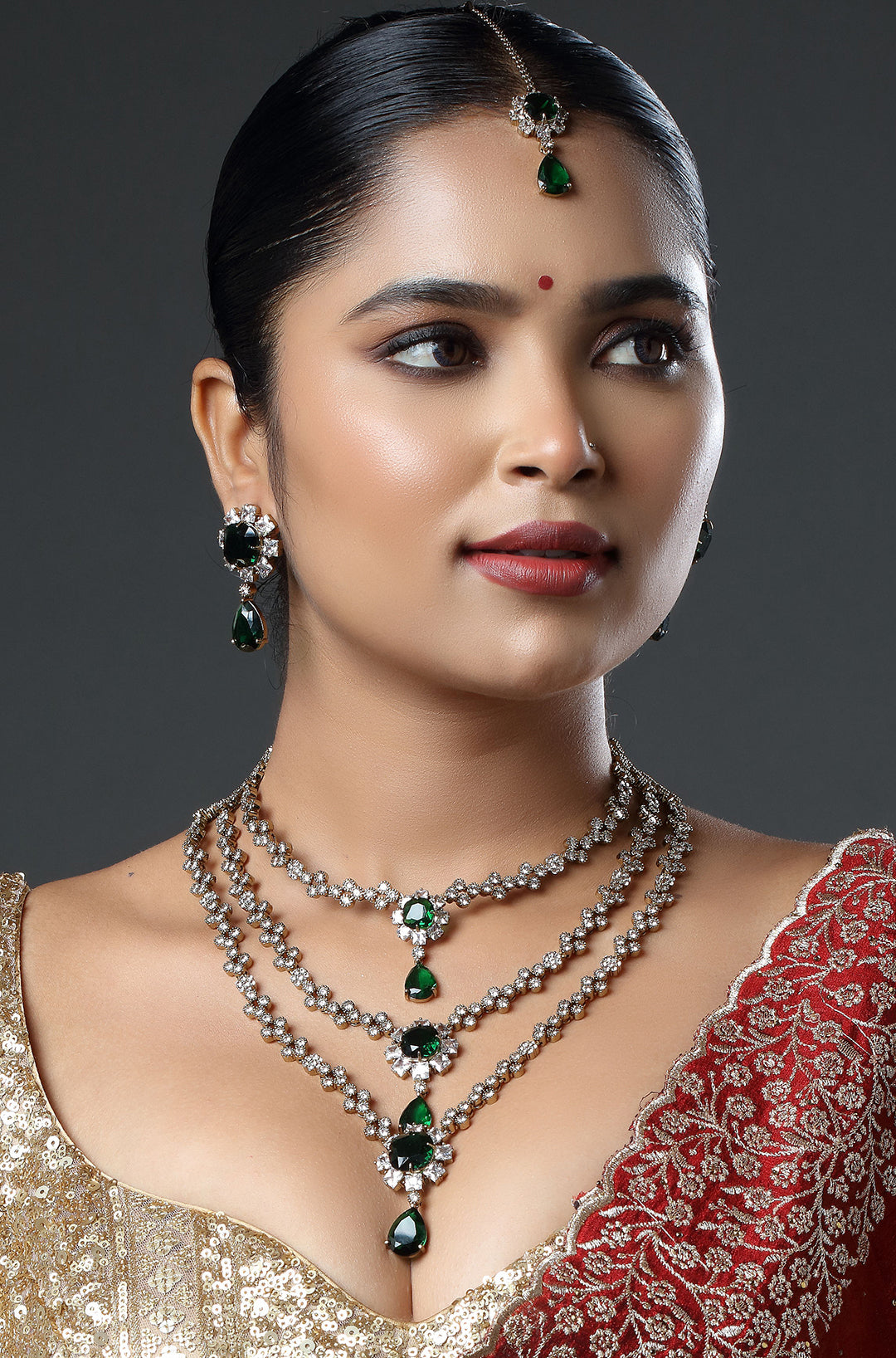 Two-Tone Finish Zircon & Emerald Long Necklace with Maang Tika