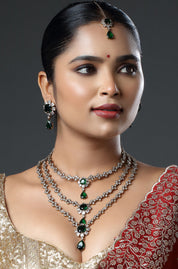 Two-Tone Finish Zircon & Emerald Long Necklace with Maang Tika