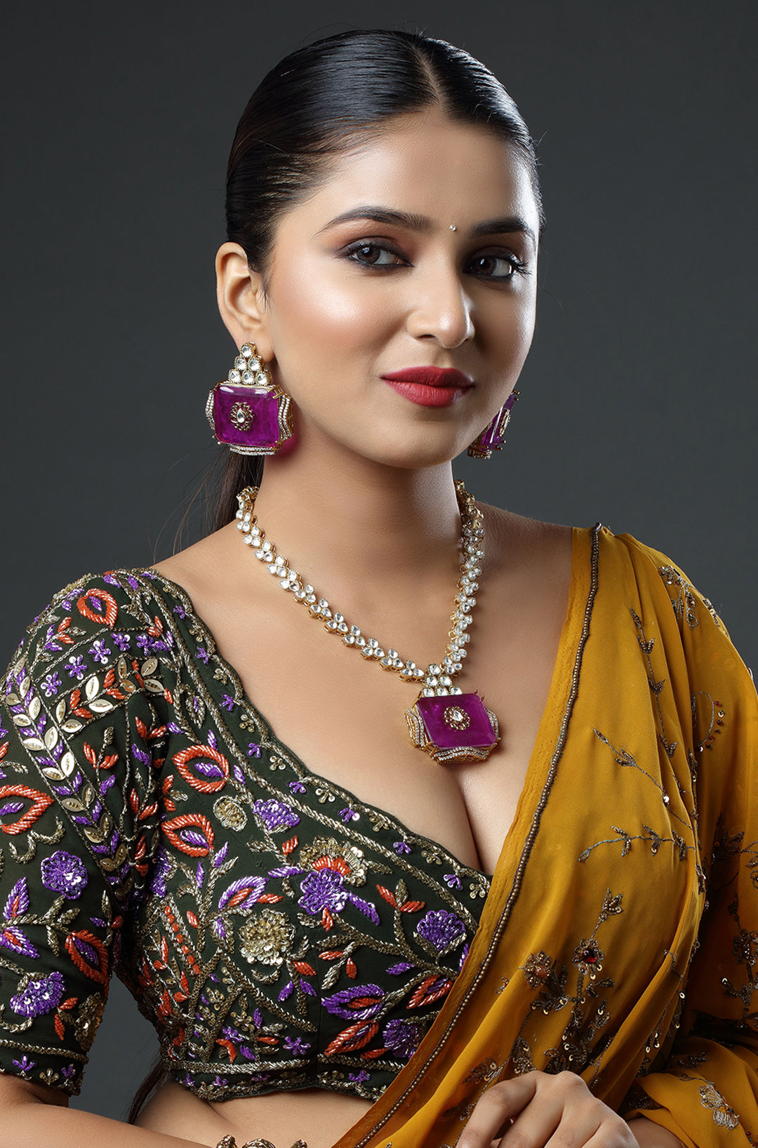 Gold Finish Kundan & Purple Stone Meenakari Necklace