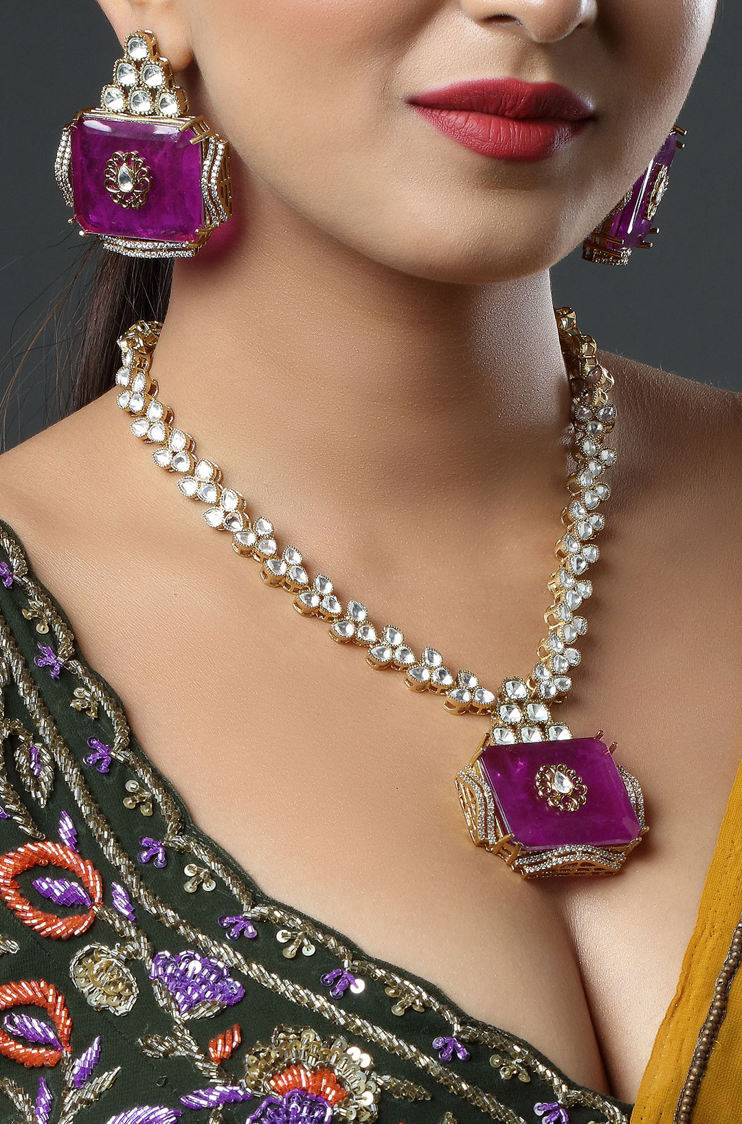 Gold Finish Kundan & Purple Stone Meenakari Necklace