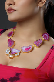 Pink Agate & White Stone Gold Plated Necklace