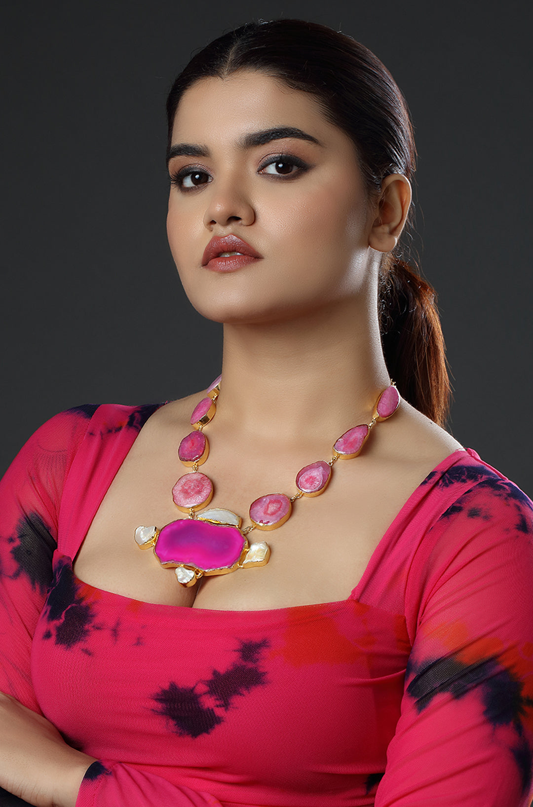 Big Pink Agate & White Stone Gold Plated Necklace