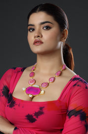 Big Pink Agate & White Stone Gold Plated Necklace