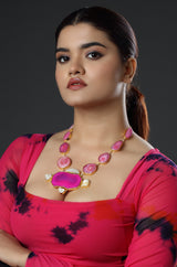 Big Pink Agate & White Stone Gold Plated Necklace