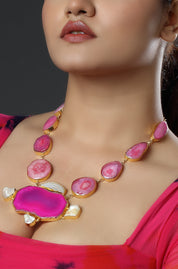 Big Pink Agate & White Stone Gold Plated Necklace