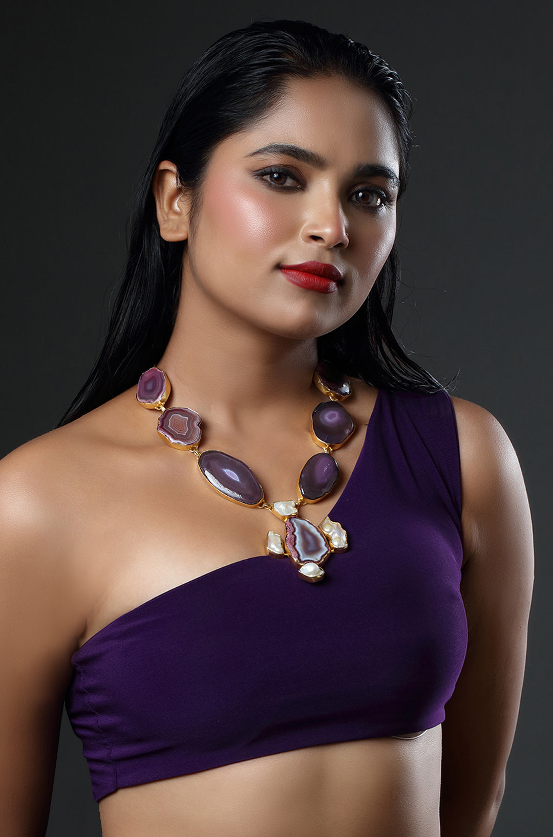 Purple Agate & White Stone Gold Plated Necklace