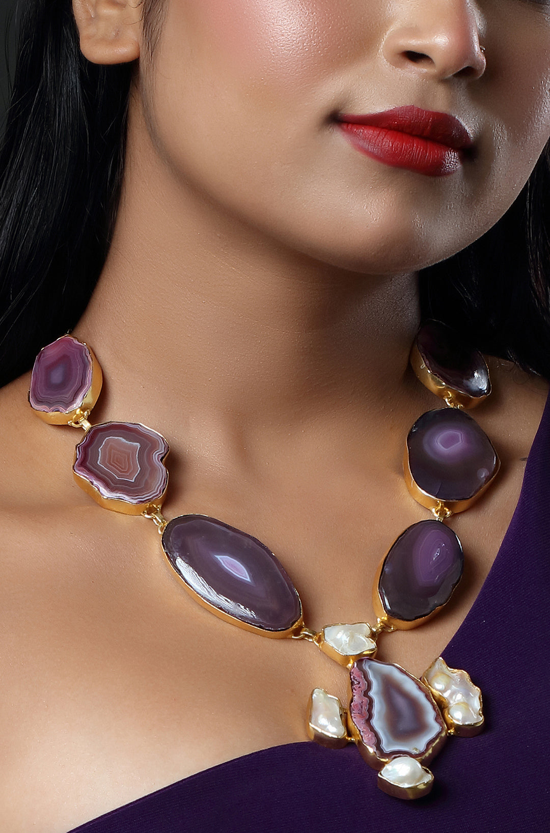 Purple Agate & White Stone Gold Plated Necklace