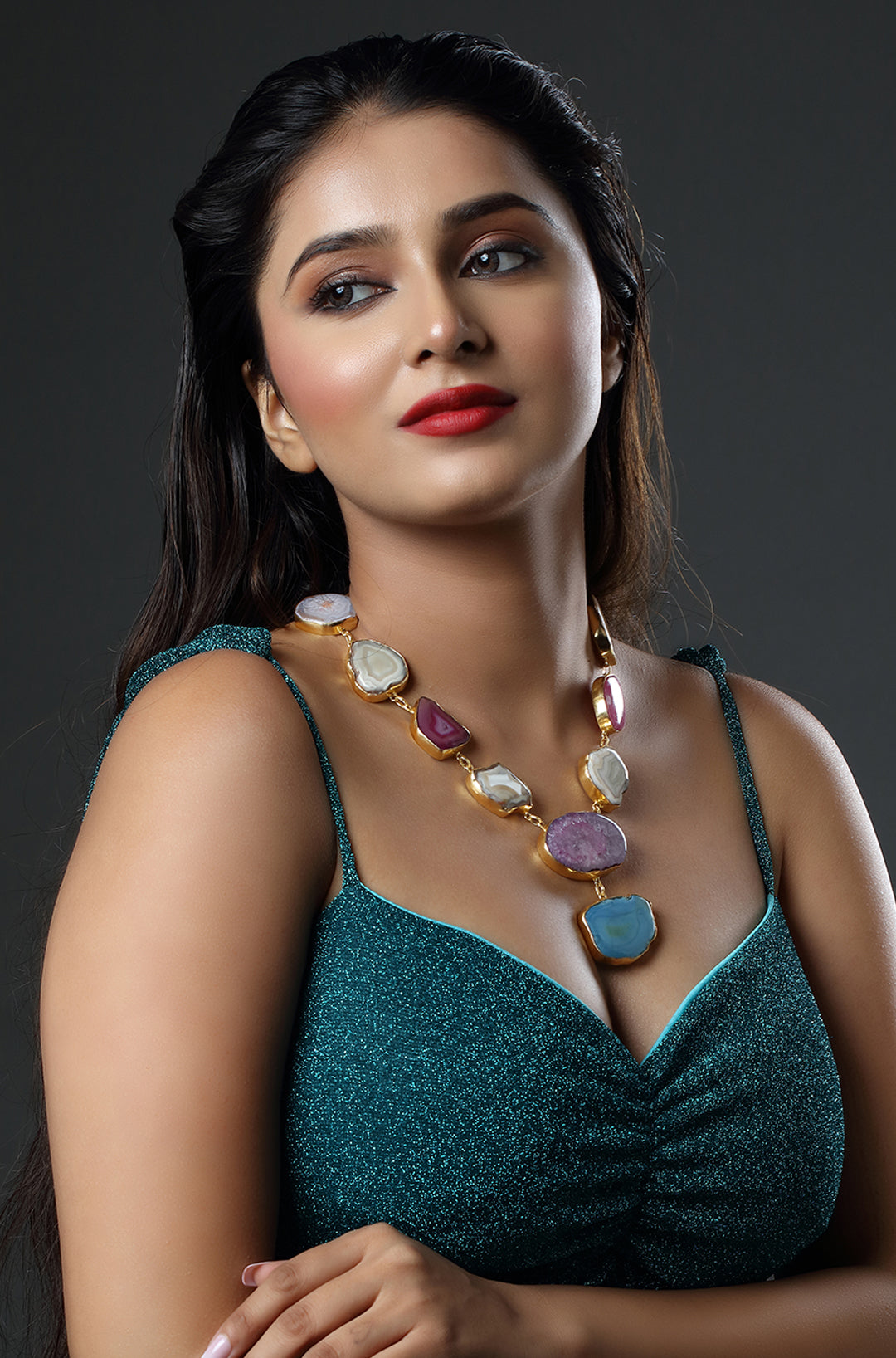 Polished Druzy Stones Gold-toned Brass Frame Necklace