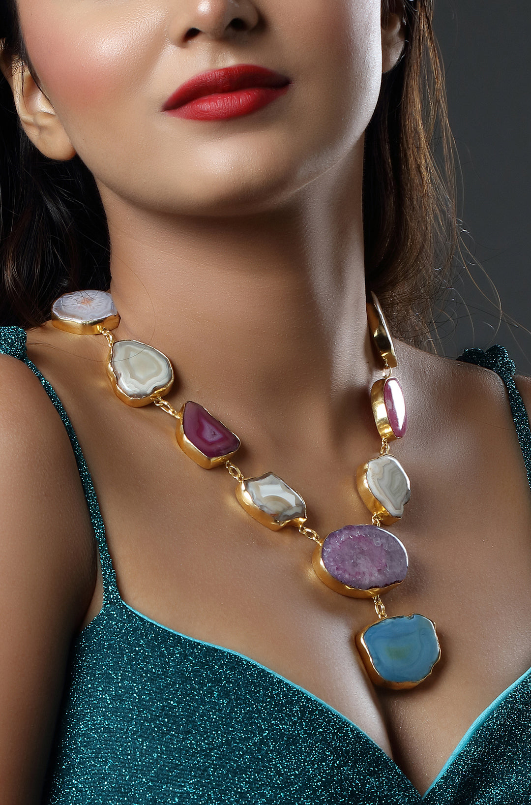 Polished Druzy Stones Gold-toned Brass Frame Necklace