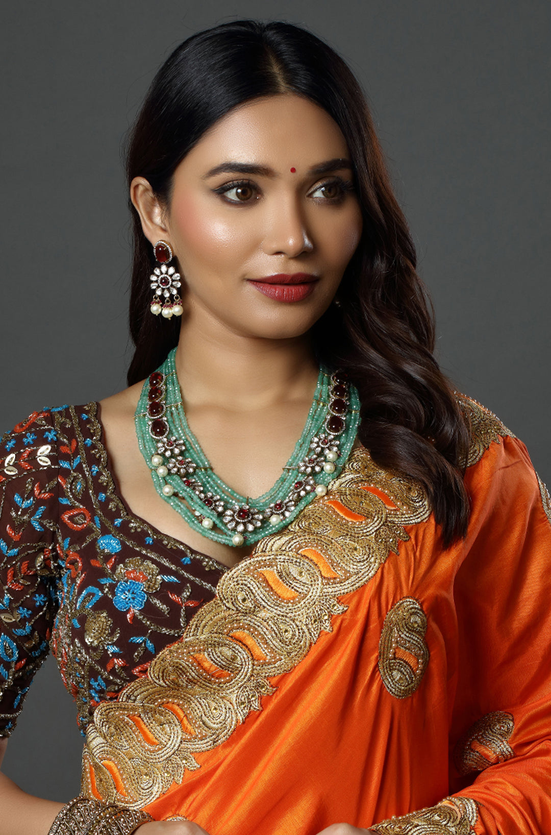 Gold Finish Kundan Polki & Green Agate Beaded Layered Necklace