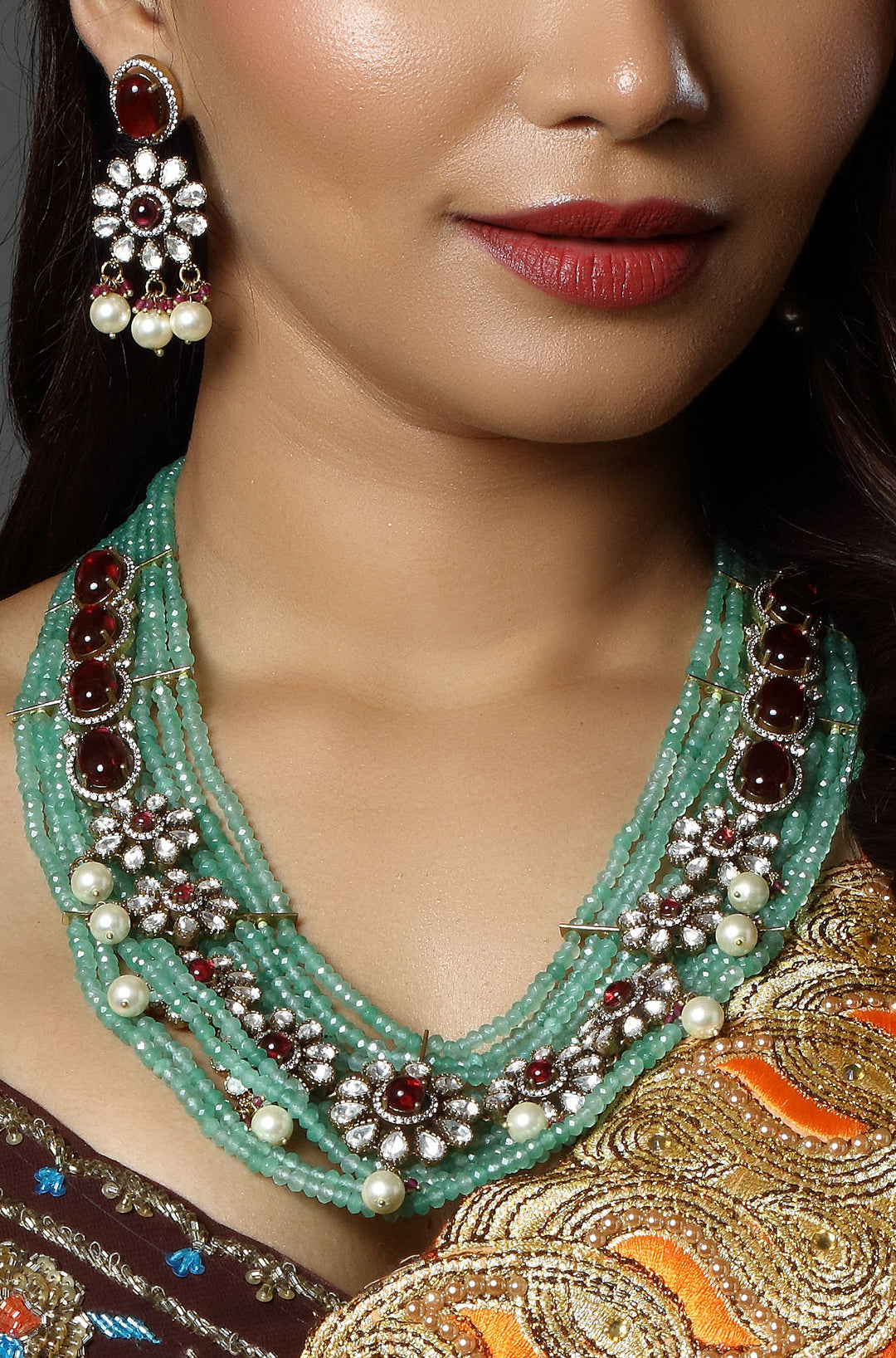 Gold Finish Kundan Polki & Green Agate Beaded Layered Necklace