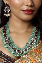 Gold Finish Kundan Polki & Green Agate Beaded Layered Necklace