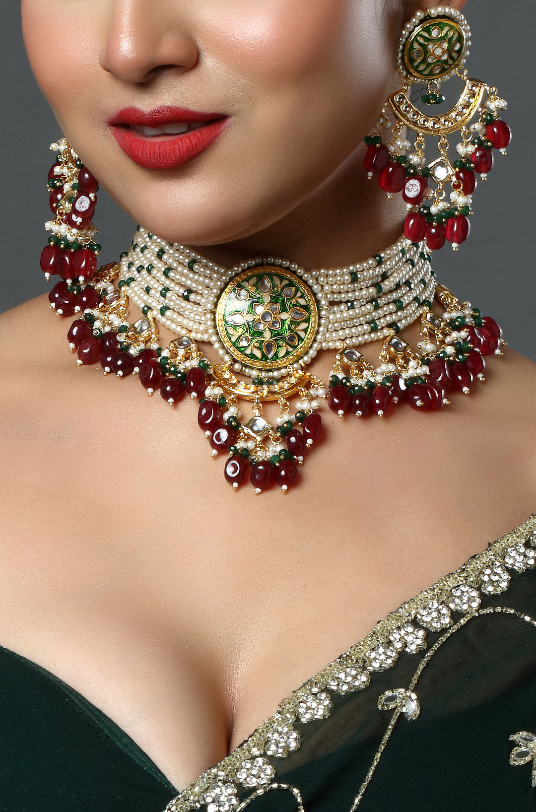Floral Studded Layered Gold-Plated Choker Necklace