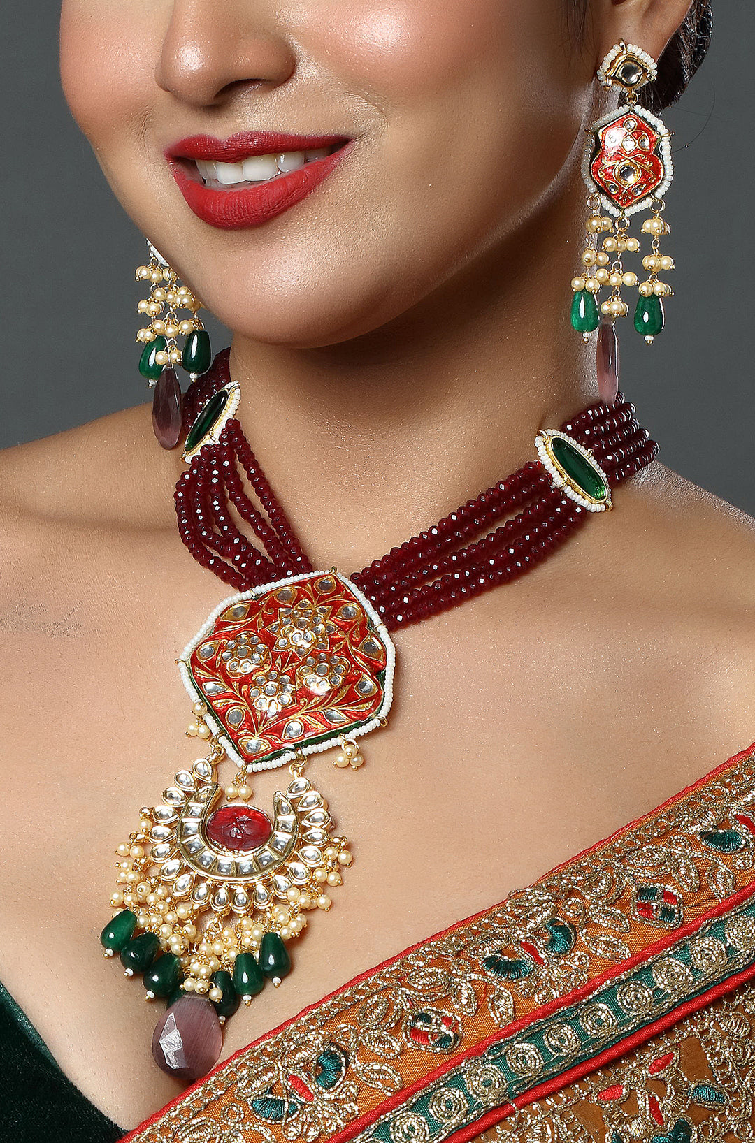 Saffron Drop Shaped Polki Kundan Choker