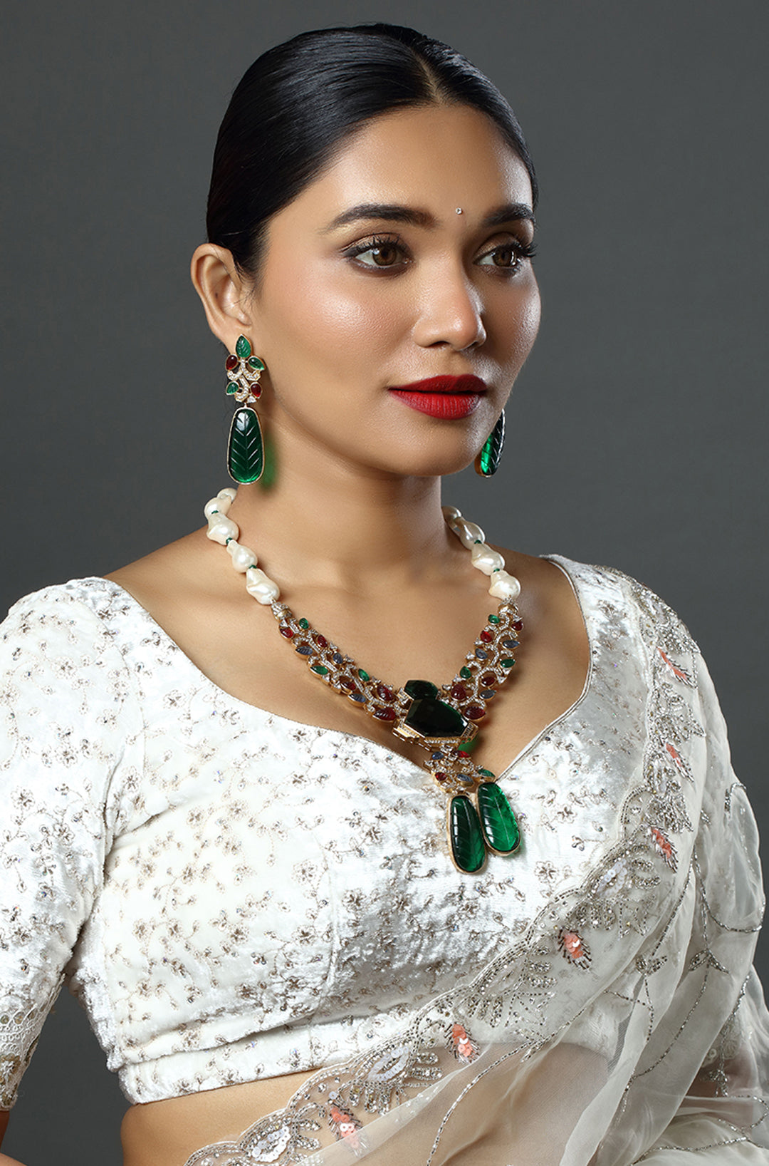 Designer Carved Semi precious Stone Navratan Indian Necklace