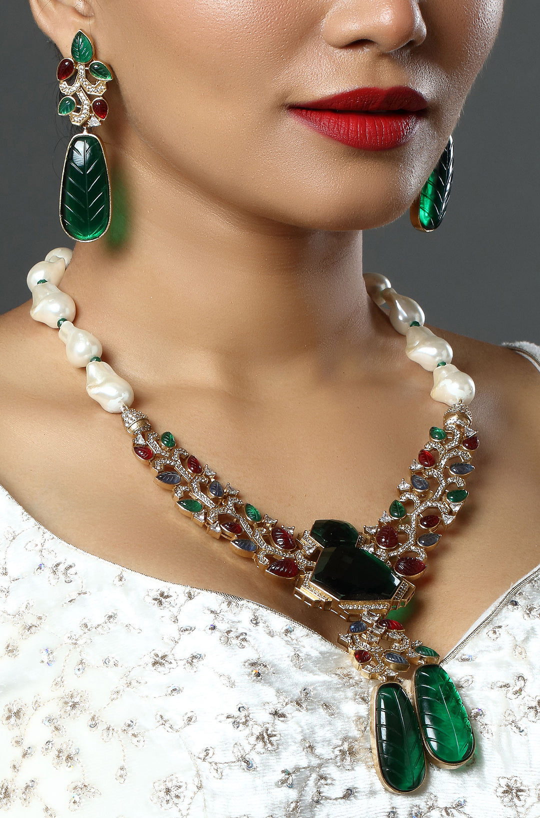 Designer Carved Semi precious Stone Navratan Indian Necklace