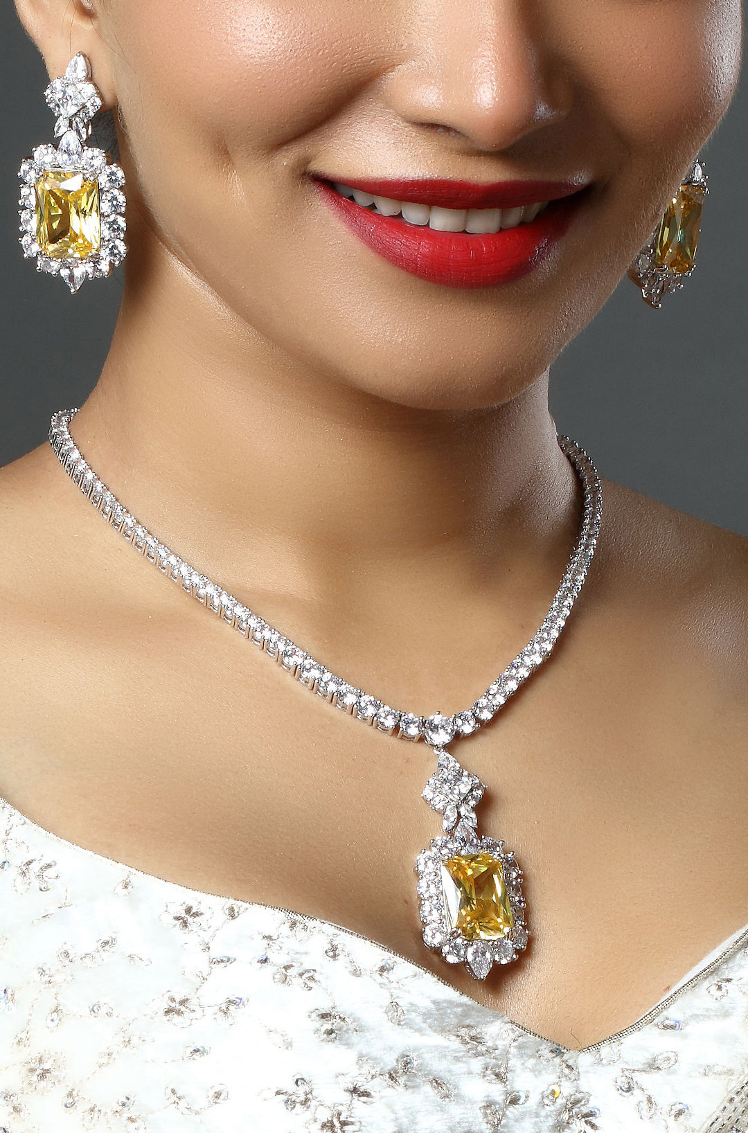 Rhodium Plated Premium White and Yellow Zircons Studded Statement Necklace