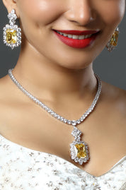 Rhodium Plated Premium White and Yellow Zircons Studded Statement Necklace