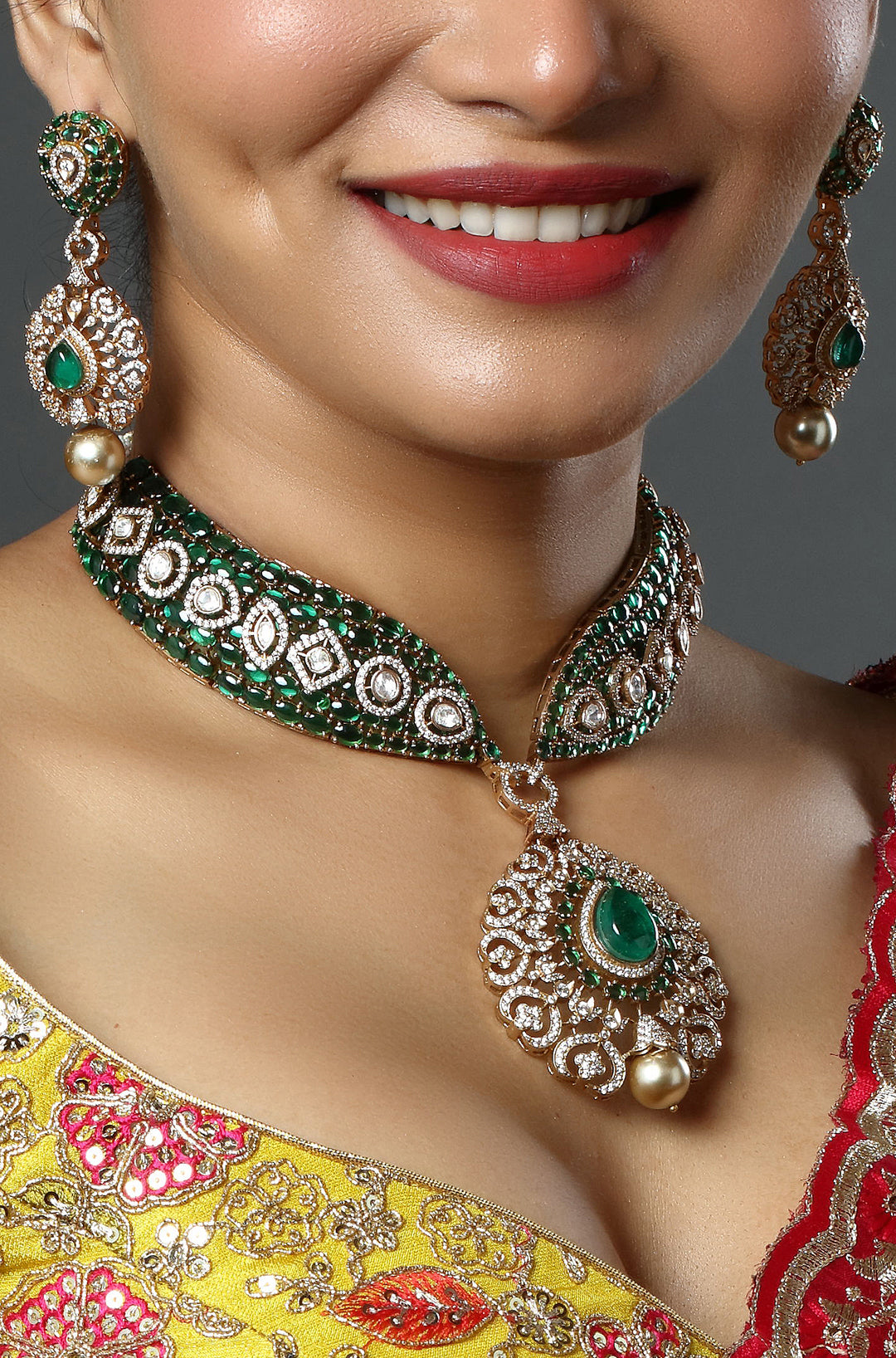 Emerald Green Kundan Victorian Polki Diamond Necklace
