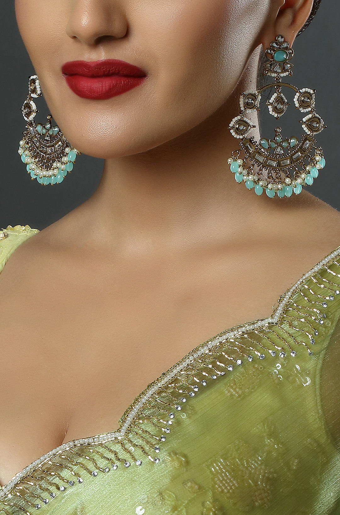 Signature Sea Green Kundan Chandbali Earrings