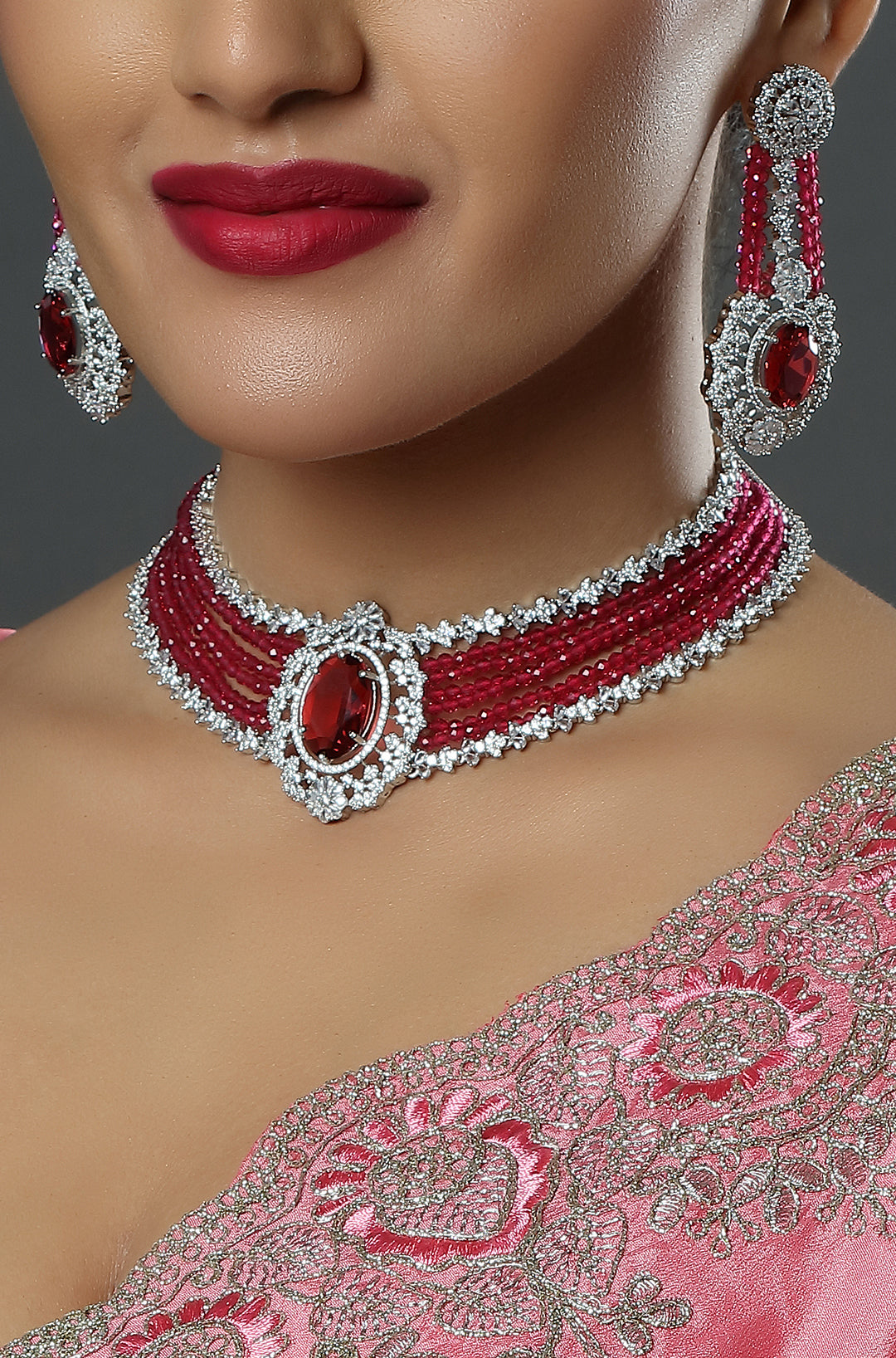 AD Rhodium Plated Red American Diamond Studded Necklace