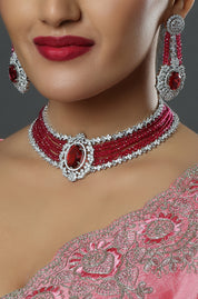 AD Rhodium Plated Red American Diamond Studded Necklace