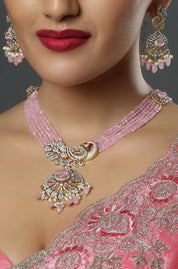 Pink & White Rhodium-Plated CZ Studded Peacock Pendant Necklace