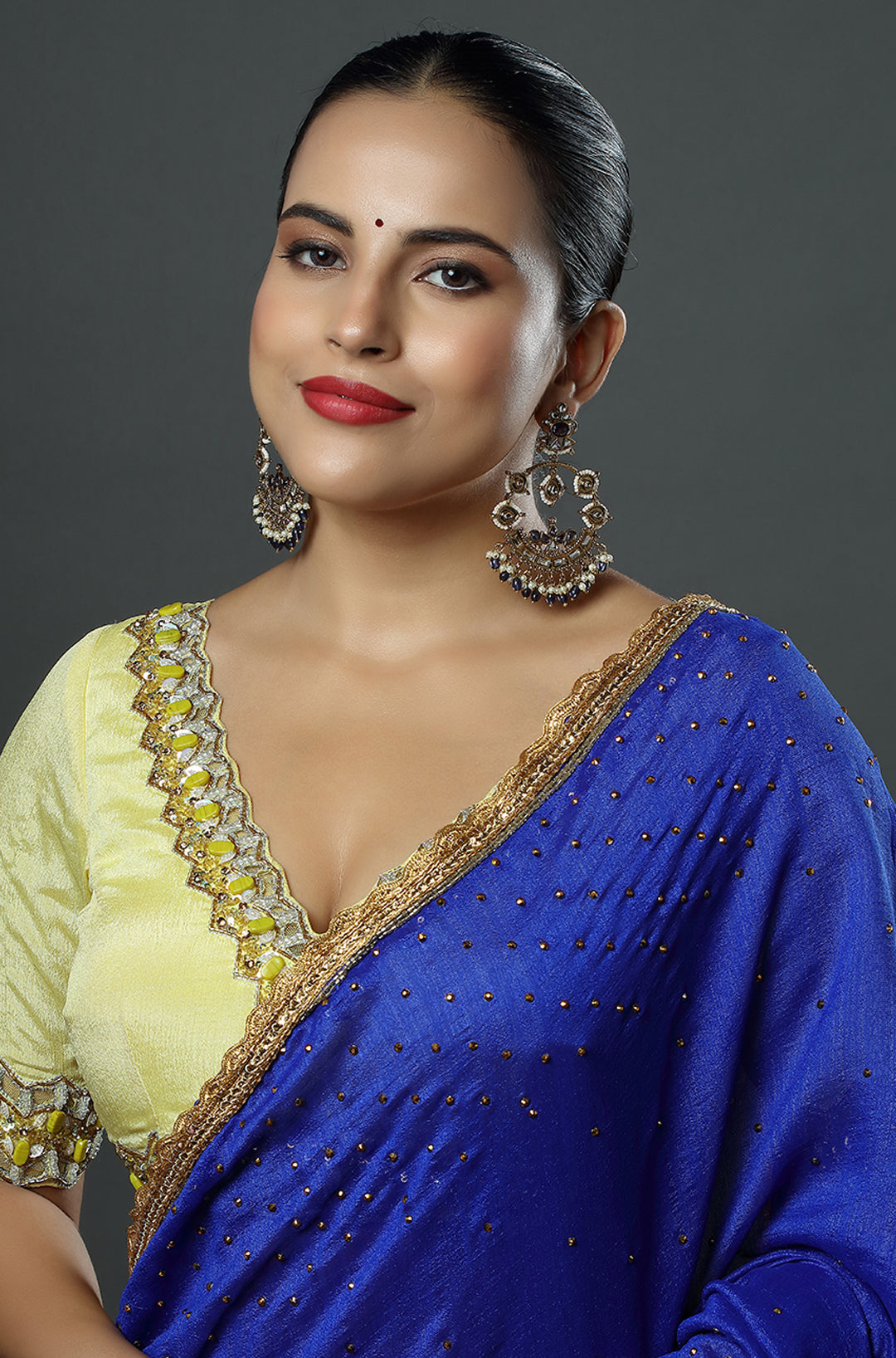 Midnight Azure Kundan Chandbali Earrings with Pearl Drops