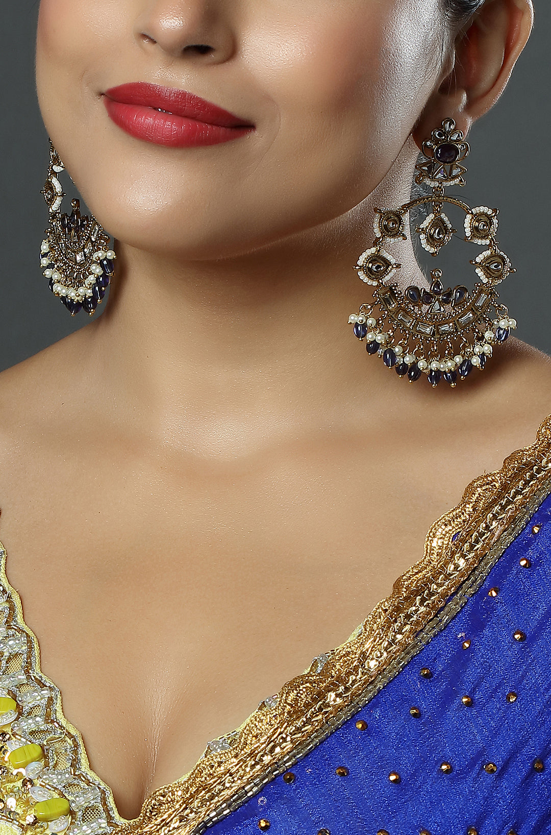 Midnight Azure Kundan Chandbali Earrings with Pearl Drops