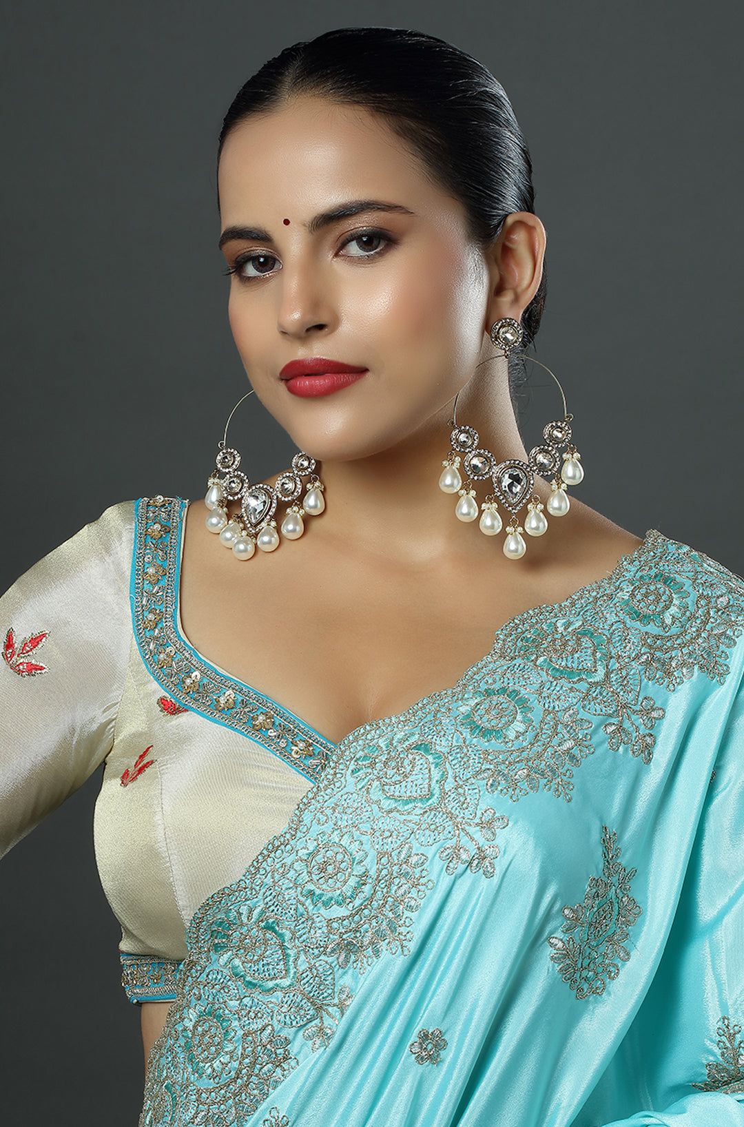 Ivory Halo Kundan Chandbali Earrings with Pearl Drops